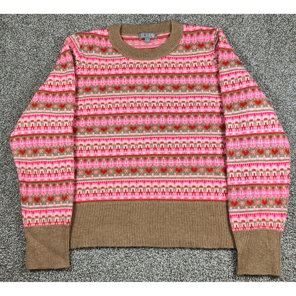 J.Crew Womens Pink Brown Heart Fair Isle Lambswool Blend Sweater BV391 Large